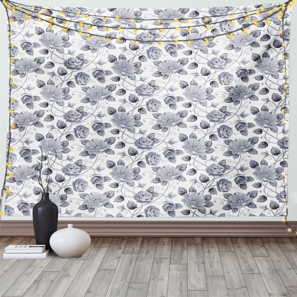 ABAKUHAUS Grau Wandteppich, Vintage Rosen Blumenkunst, Wohnzimmer Schlafzimmer Heim Seidiges Satin Wandteppich, 200 x 150 cm, Weiß Grün