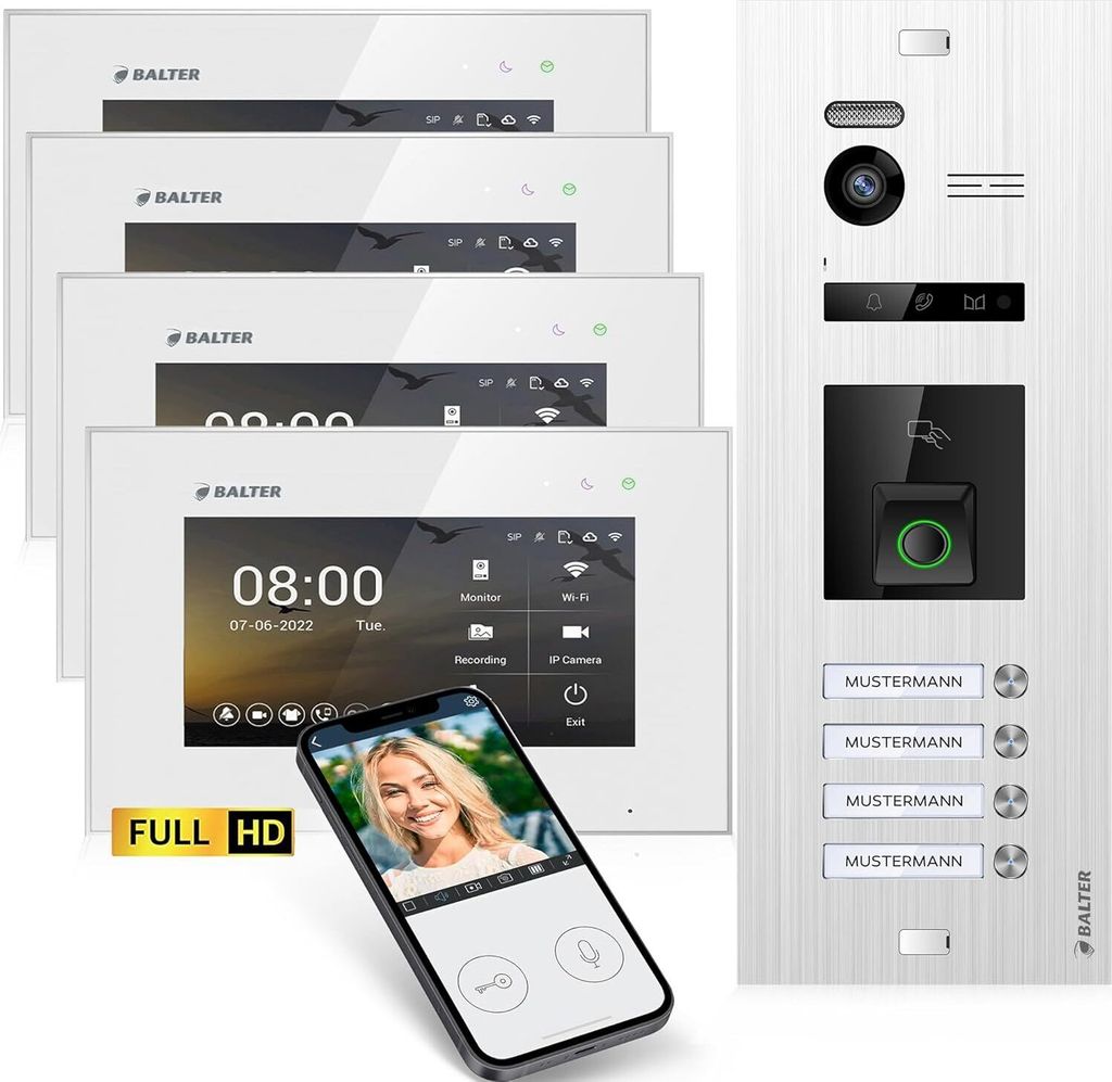 HD Video Türsprechanlage mit Fingerprint RFID und Smartphone App für 4 Familienhaus, 4x Monitore, Balter EVO HD Fingerprint