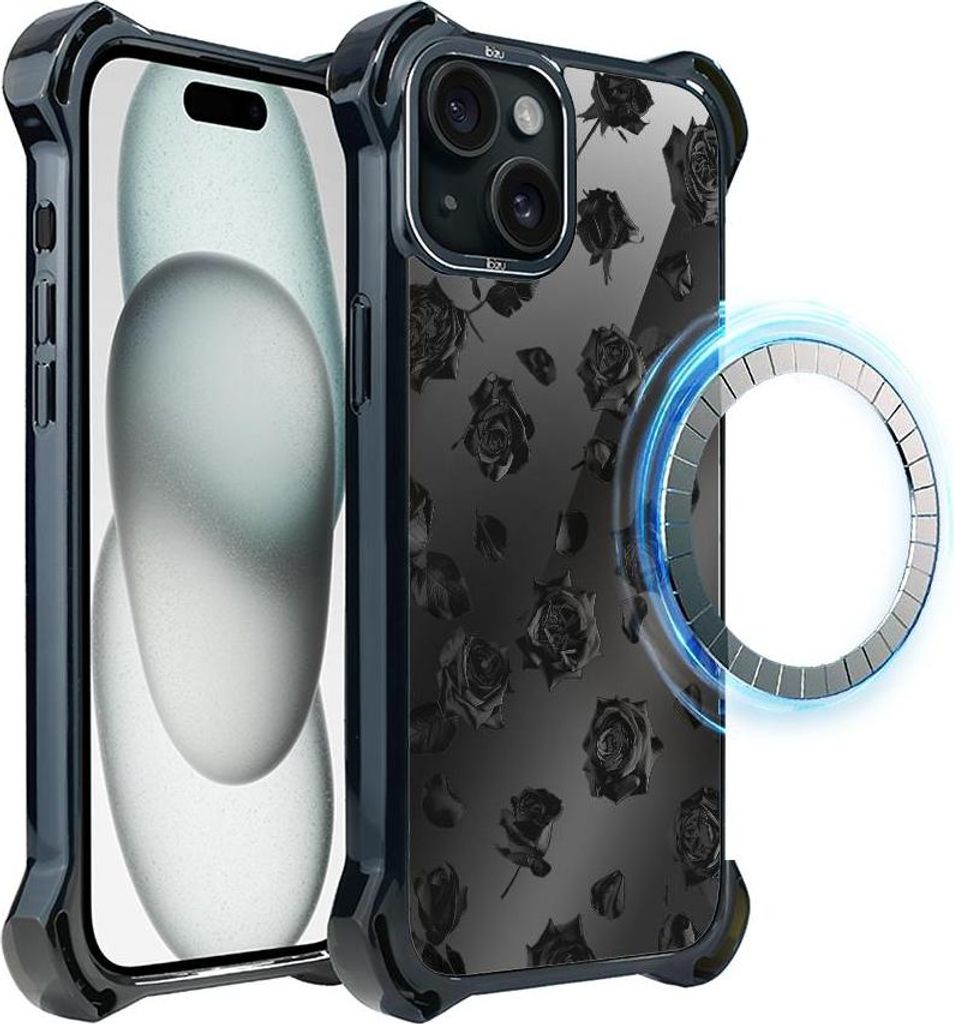 Schutzhülle für das iPhone 15 Plus, MagSafe-kompatibel, verstärkte Ecken, schwarz, Schwarze Rosen