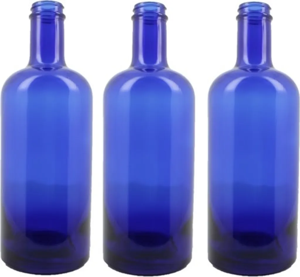 BELLEROFONTE Bottiglia in vetro blu modello gin per acqua 750 ml con tappo argentato, 3 pezzi
