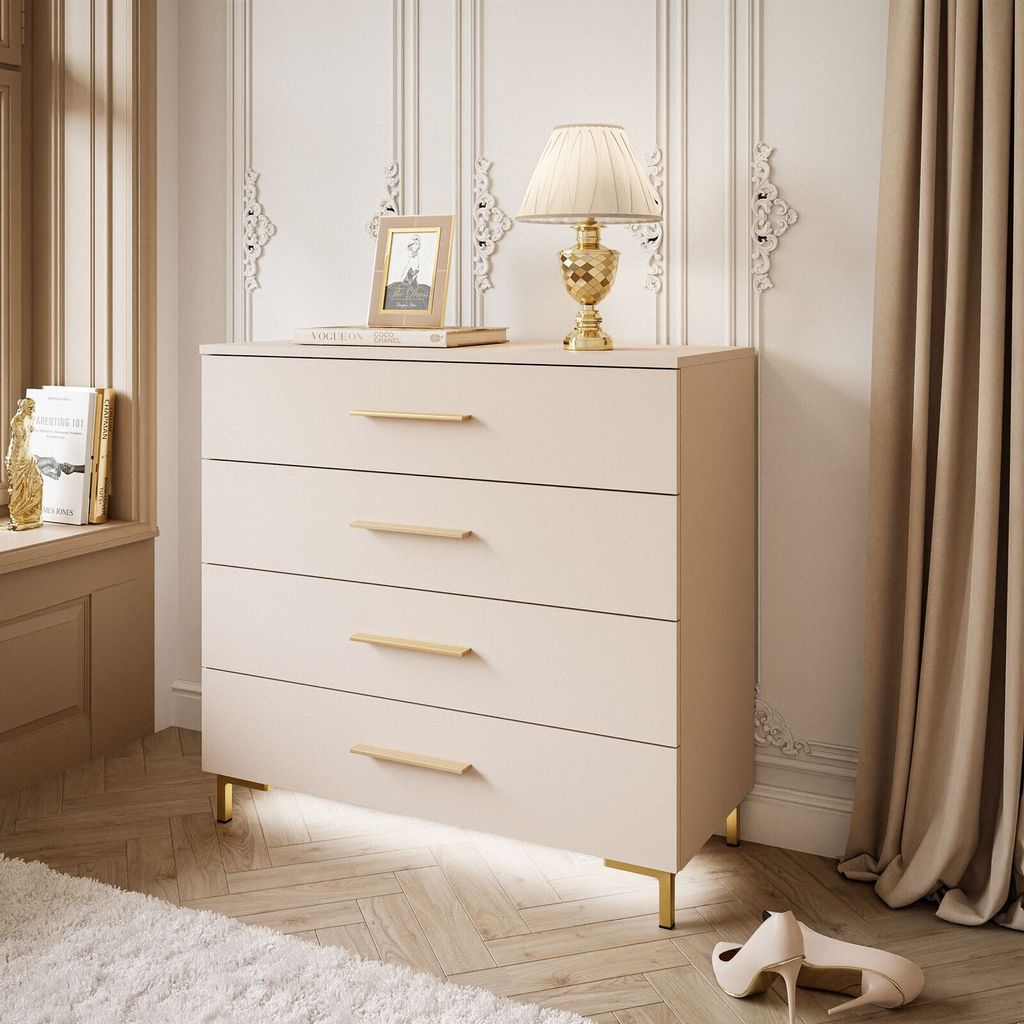 Kommode LINA KASCHMIR 4S mit LED Beleuchtung Gold Matt Füße mit Griffe