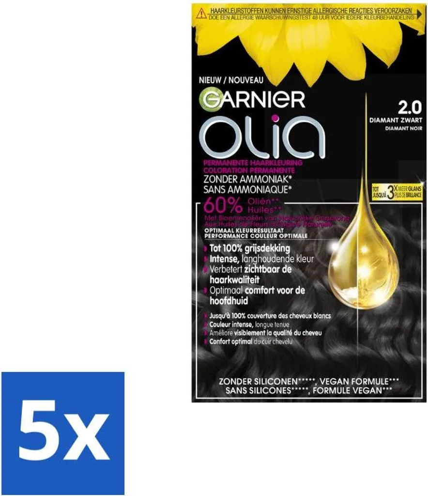Garnier - Olia 2 - Colore per capelli - Nero diamante - Senza ammoniaca - 60 % di olio - Colore permanente - Value pack - 5 pezzi