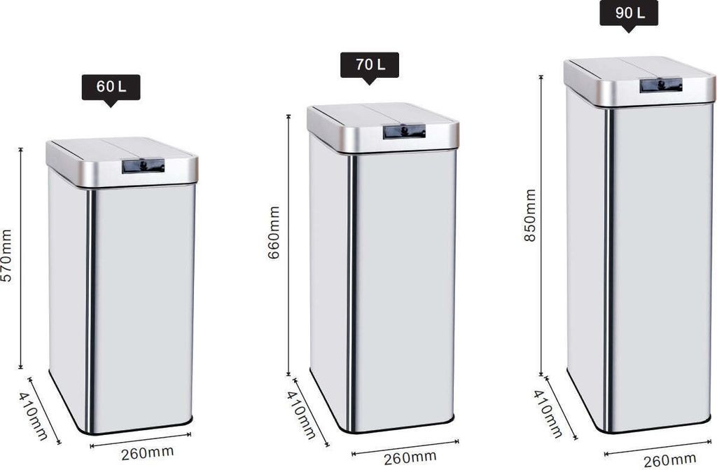 Three stainless steel trash cans of different sizes are displayed side-by-side with dimensions indicated.