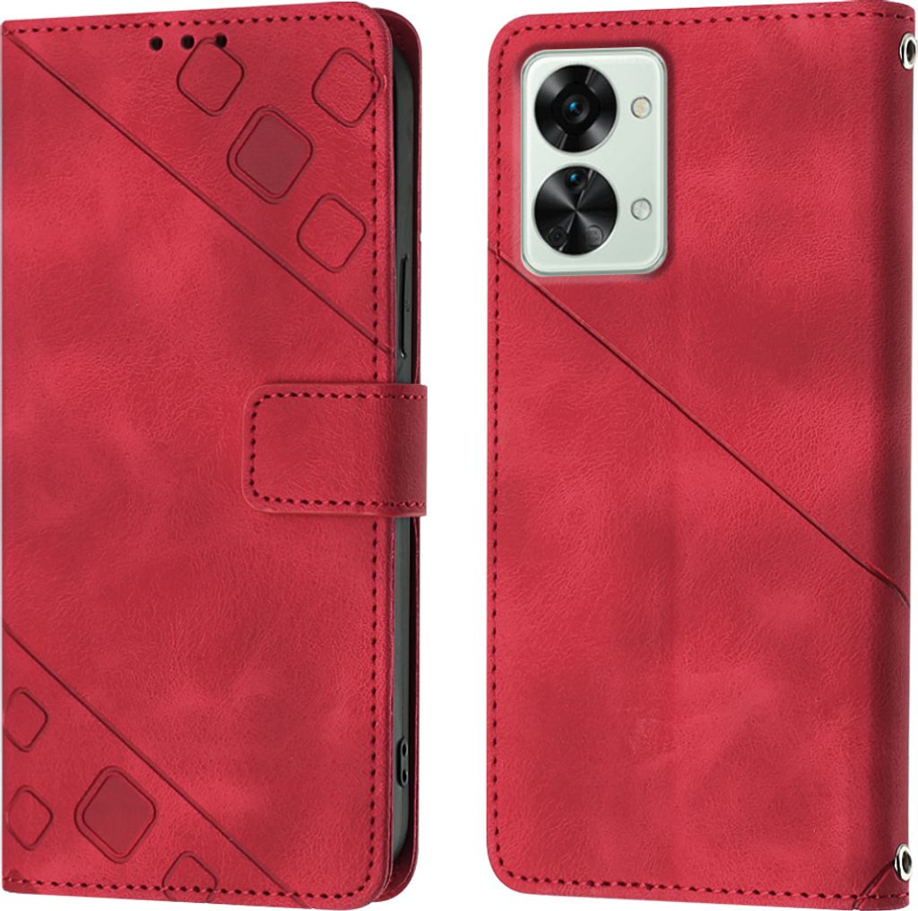 Hülle für OnePlus Nord 2T 5G Prägung Flip Leder Brieftasche Schutzhülle mit Ständer Rot