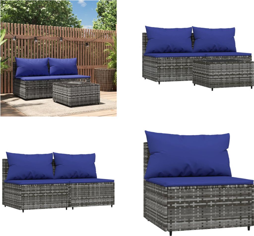 vidaXL 3 tlg. Garten Lounge Set mit Kissen Grau Poly Rattan - Garten Lounge Set - Garten Lounge Sets - Outdoor Lounge Set - Lounge Set Terrasse