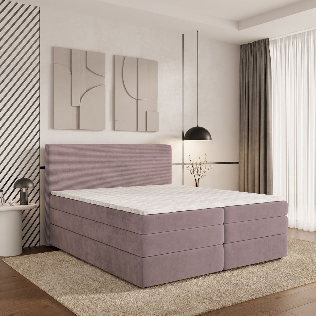 Masseno Boxspringbett MATERN 160x200 cm Komplett-Set mit Bonell Matratze und Topper, Polsterbett mit Bettkästen -Rosa, POSO 27 + KRONOS 27