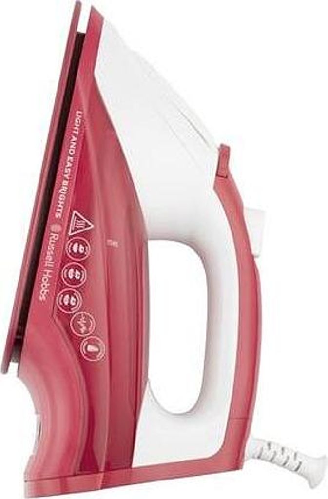 A side view of a red and white Russell Hobbs iron.