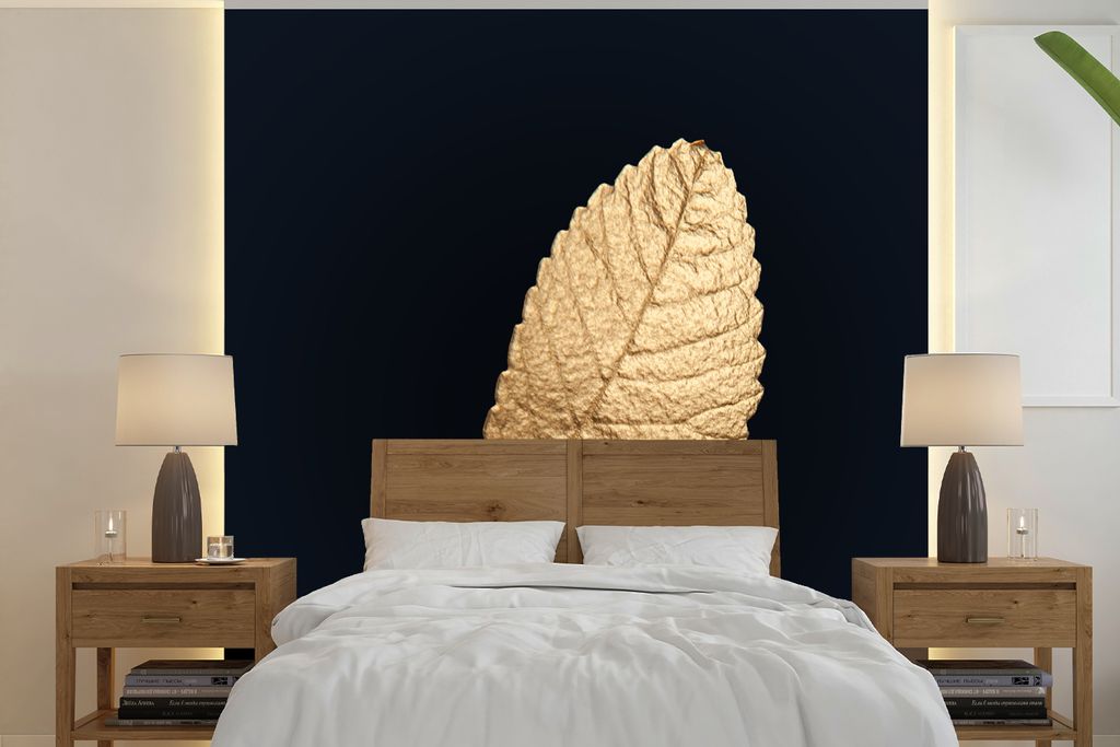 MuchoWow Fototapete für Wohnzimmer oder Schlafzimmer Wandtapete Vinyl Motivtapete Gold - Blätter - Schwarz - Pflanzen - Luxus - Natur - 280x280...