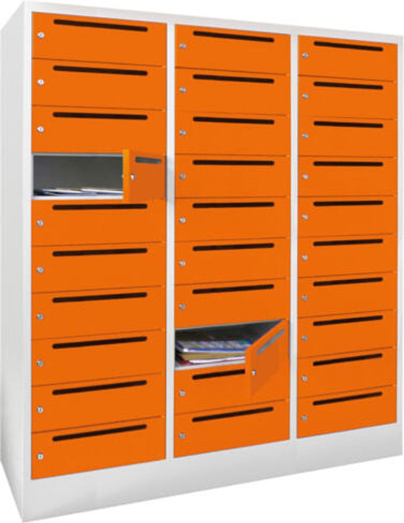 Postverteilerschrank, Schließfachschrank, 3 Abteile a 40 cm, 30 Fächer, 1.850 x 1.200 x 500 mm (HxBxT), Korpus zinkgelb, Front enzianblau