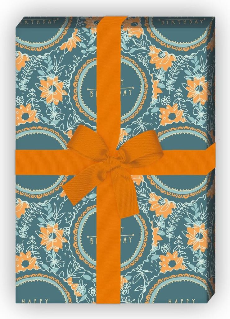 Happy Birthday Geschenkpapier mit Blumen auf blau - G7614, Produktbild 