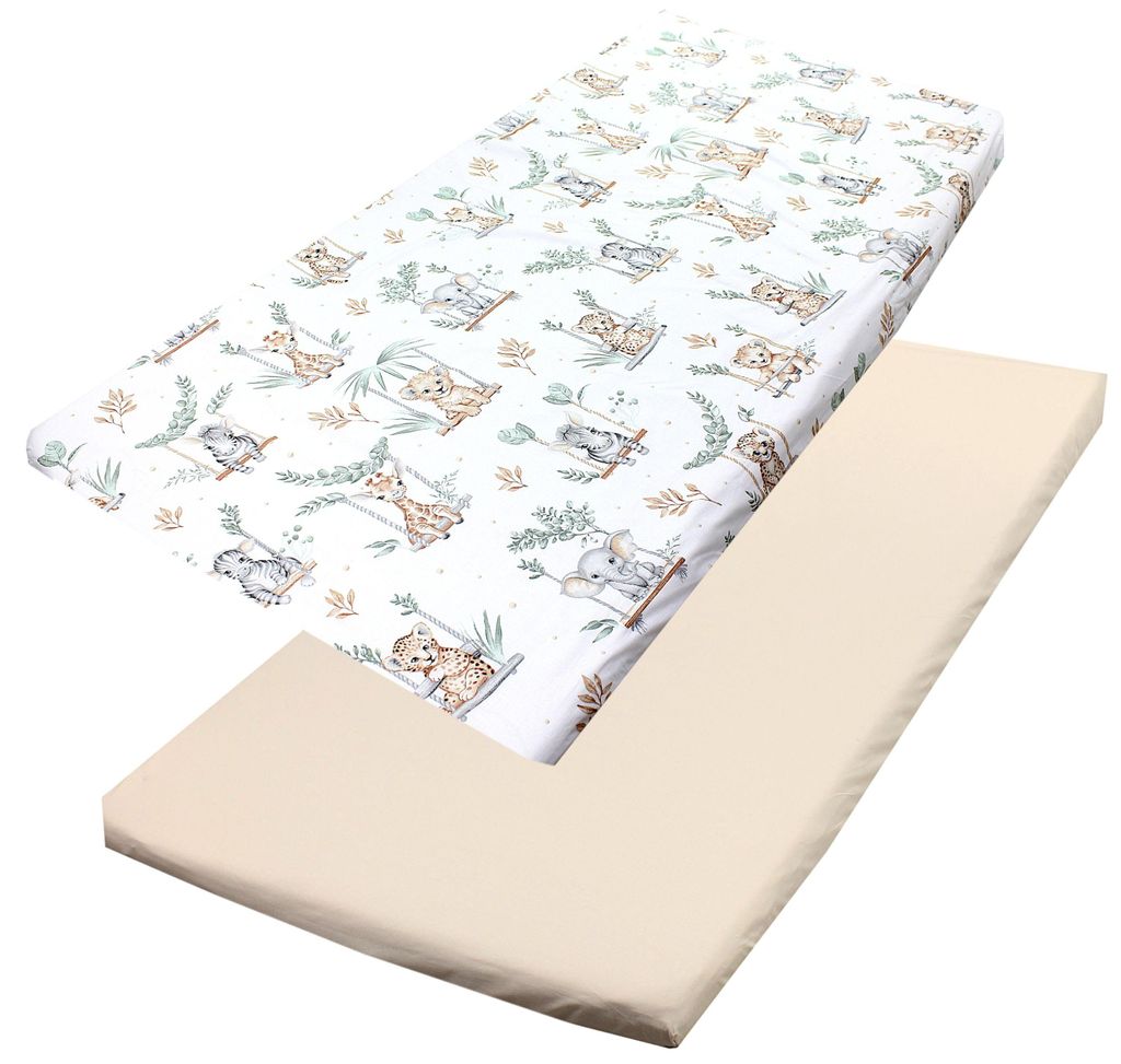 TupTam Baby Spannbettlaken Kinder Spannbetttuch für Babybett Kinderbett 2er Pack, Farbe: Safari Schaukel Grün, Größe: 90 x 200 cm