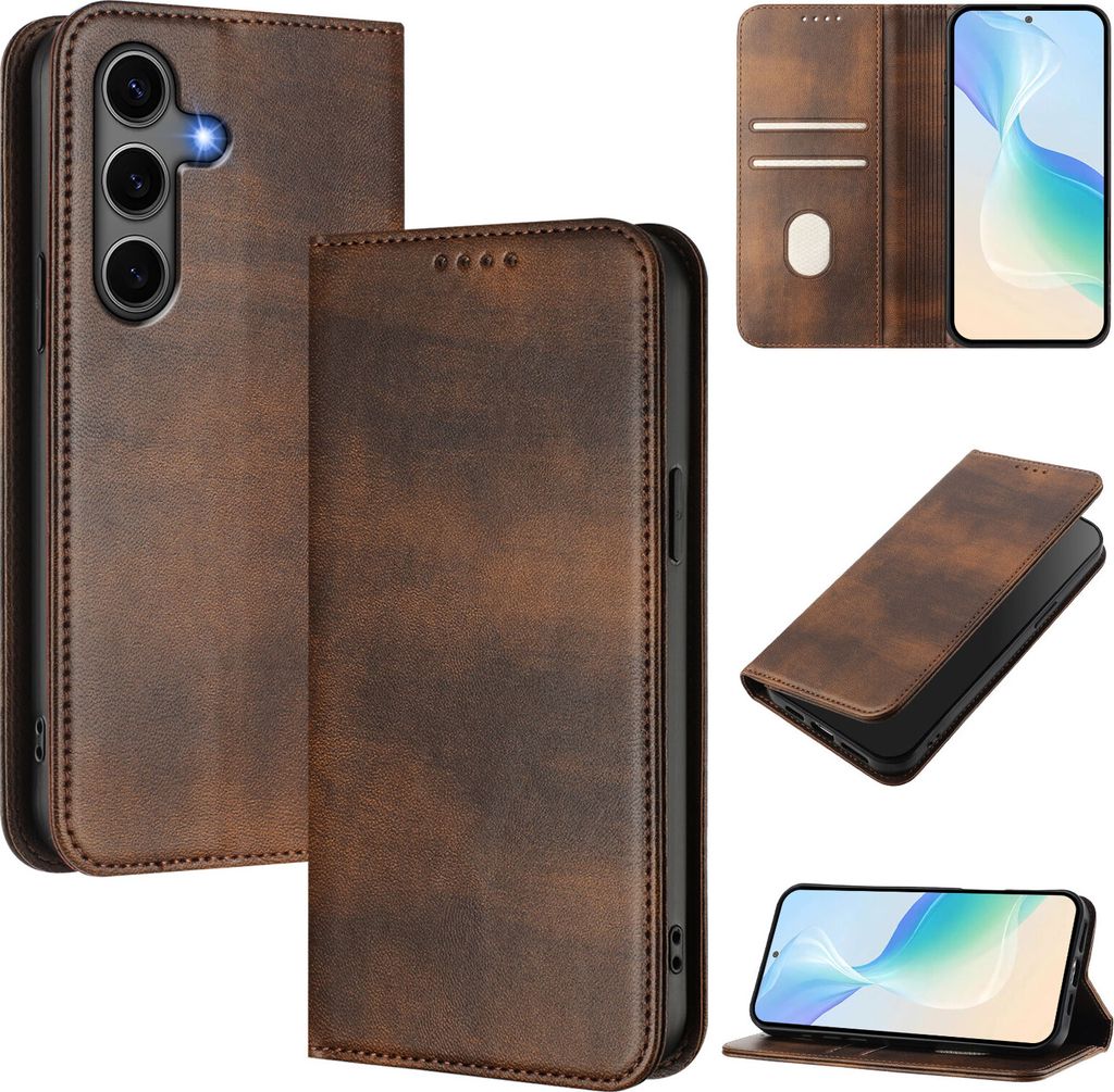 Handyhülle für Samsung Galaxy S25 FE, Vintage Leder RFID Schutz Kartenfach Standfunktion Magnetische Klapphülle Braun