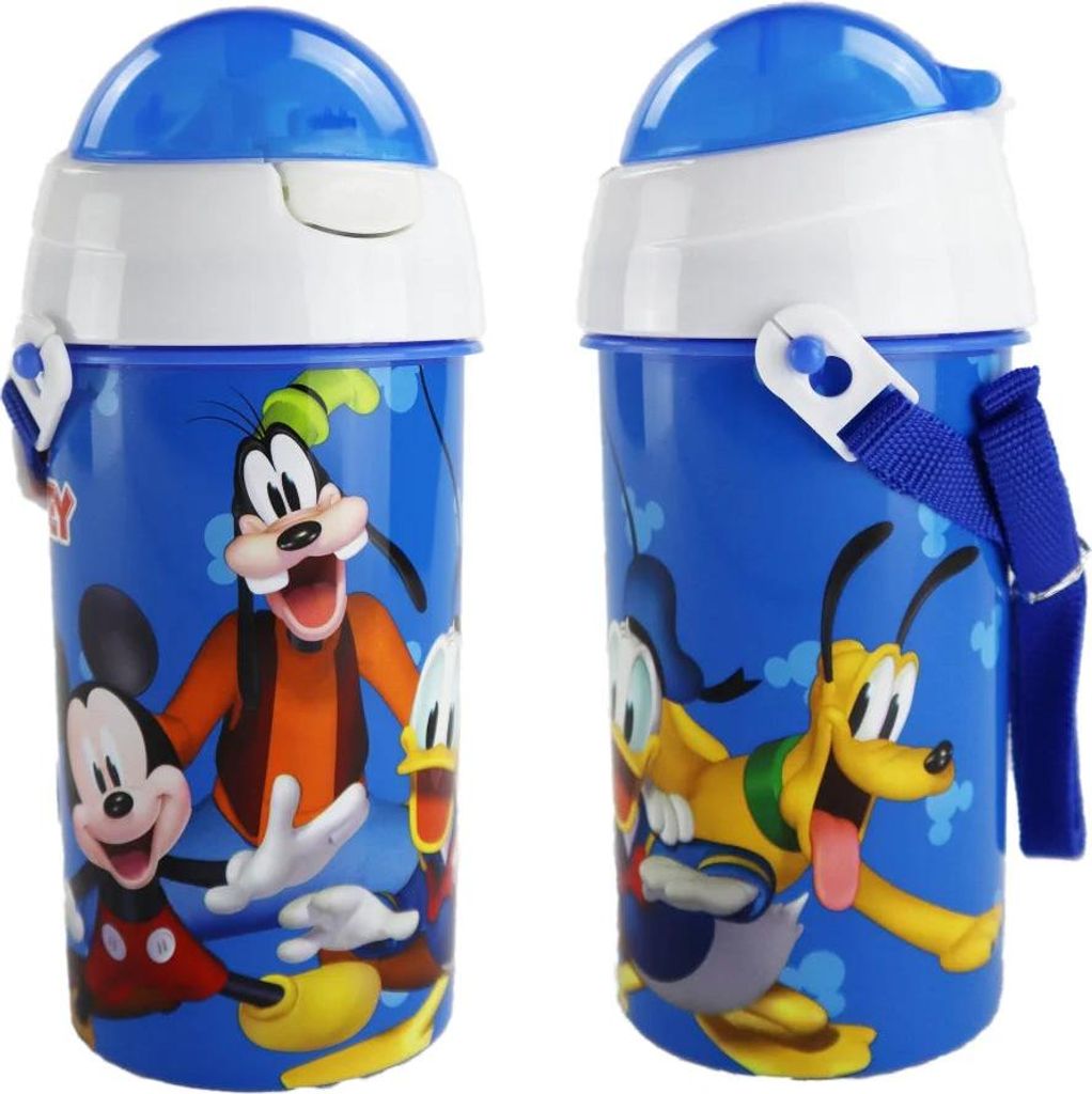 Disney Mickey Maus und Freunde Wasserflasche Flasche mit Trinkhalm Gurt 500 ml