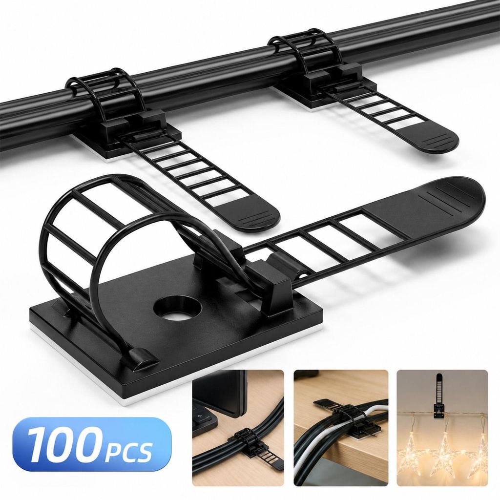 100 Stück Kabelmanagement Clips selbstklebend, Kabelhalter Büro, verstellbar Kabel Organizer, starke Klebekraft, für Schreibtisch & Home Office