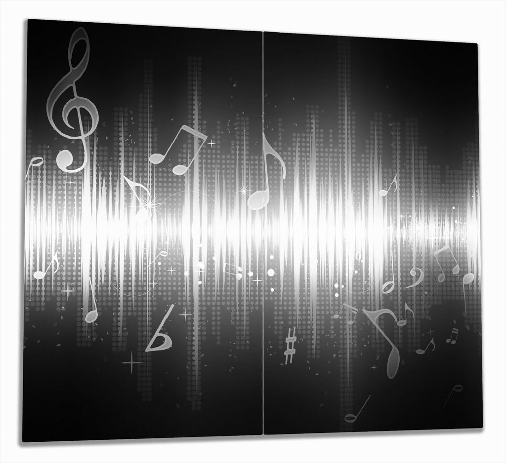 Wallario Herdabdeckplatte aus Glas, Größe 60 x 52 cm 2-teilig, Motiv Noten der Musik in schwarz und weiß