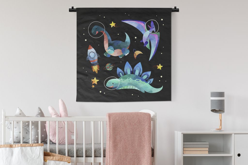 MuchoWow Wandteppich Wandbehang Dinosaurier - Rakete - Kinder - Mädchen - Kinder - Kinder 90x90 cm Tapisserie Dekoration Wandtuch - Wandaufhänger