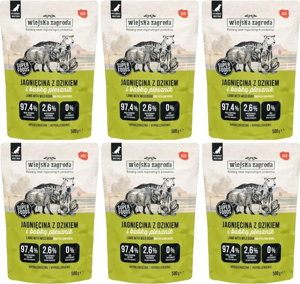 Wiejska Zagroda Pâtée pour Chien Agneau et Sanglier Sans Céréale 6x500g
