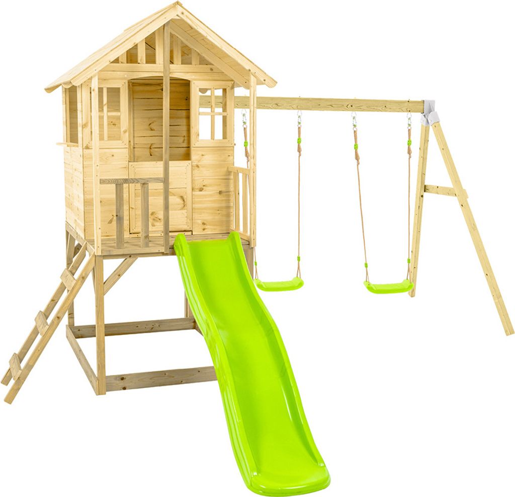 Zwerkules Villa 3 Kinder Stelzenhaus mit Rutsche und Schaukel Holz