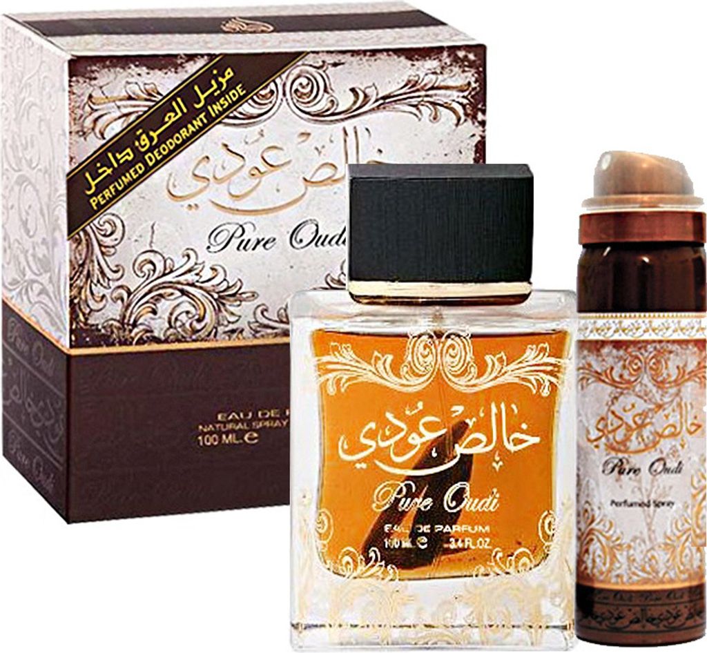 A perfume set including a perfume bottle and a deodorant spray, along with its packaging box.
