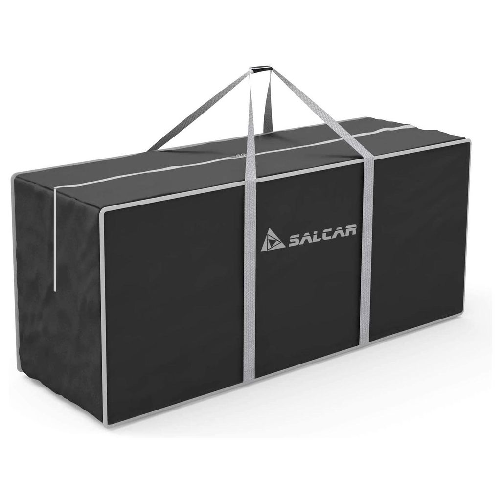 A black storage bag for a Christmas tree with gray straps and trim.