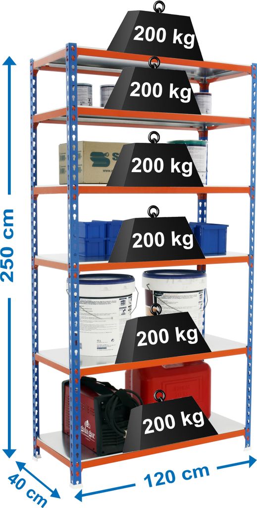 Schwerlastregal GIANT METAL SHARK | HxBxT 250x120x40cm | Fachlast 200kg | Blau-Orange