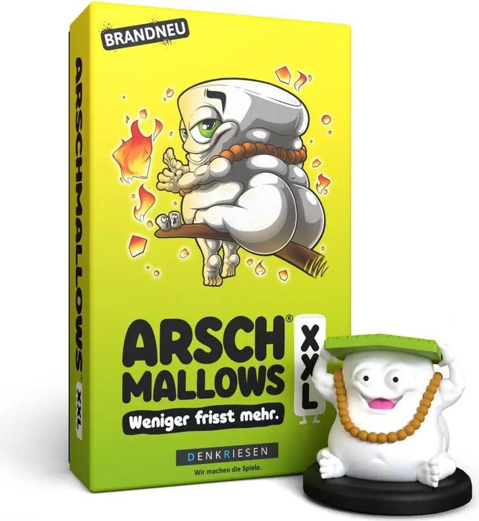 A product box for the game Arschmallows XXL, with a small figurine of one of the characters.