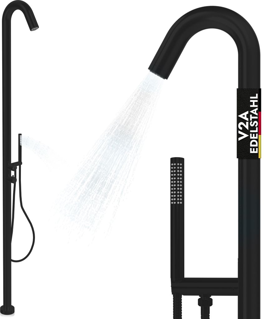 A black outdoor shower with a hand shower and water spraying from the main shower head.