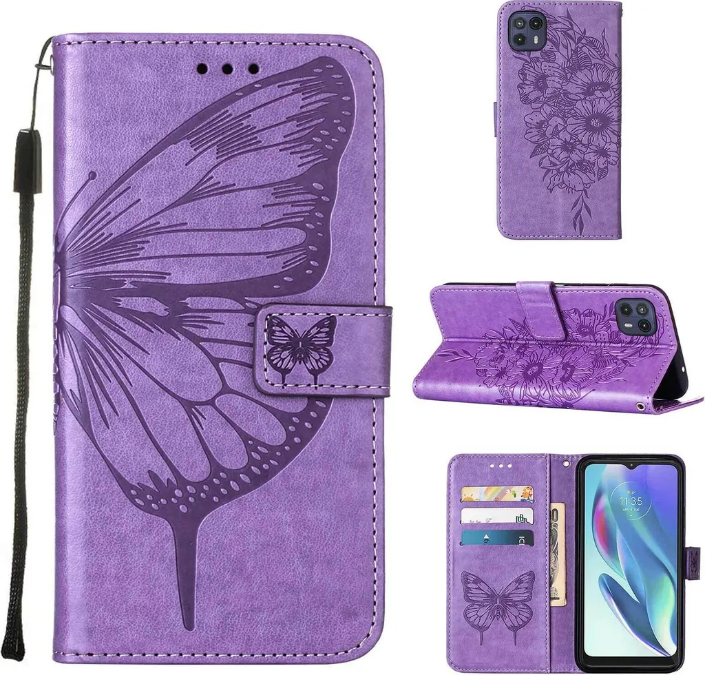 Cover Moto G50 5G Viola Farfalla - Wallet Case in Pelle con Stand