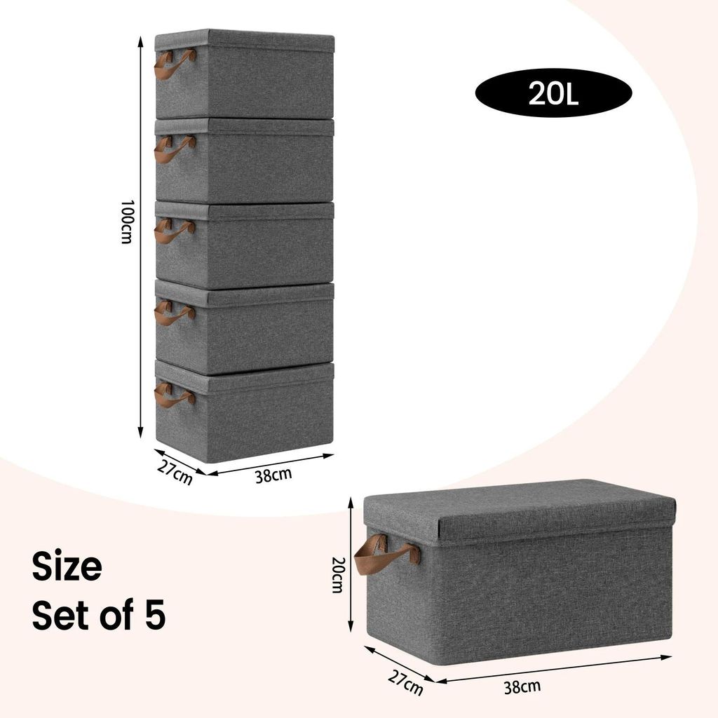 Aufbewahrungsbox - Kleideraufbewahrung - Volumen 20 l - Set Mit 5 - Mit Deckel - Mit Griffen - Faltbar - Stoff - Grün