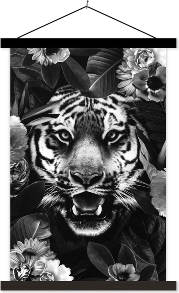MuchoWow Textilposter Tigerkopf zwischen Blumen - schwarz und weiß 120x180 cm mit schwarzem Rahmen - Fotos