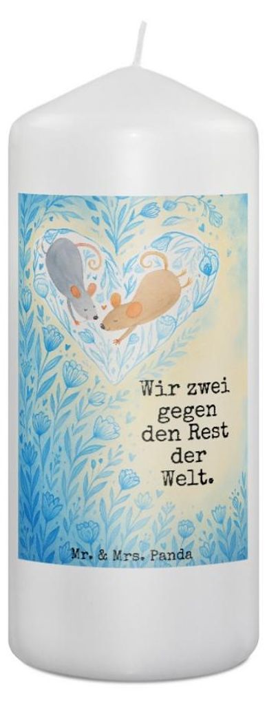 Mr. & Mrs. Panda Kerze Mäuse Herz Design 19 x 8 cm - Weiß - Geschenk, Wachskerze, Erinnerungslicht, Liebe, Stumpenkerze, Love, Liebespaar, Bedruc...