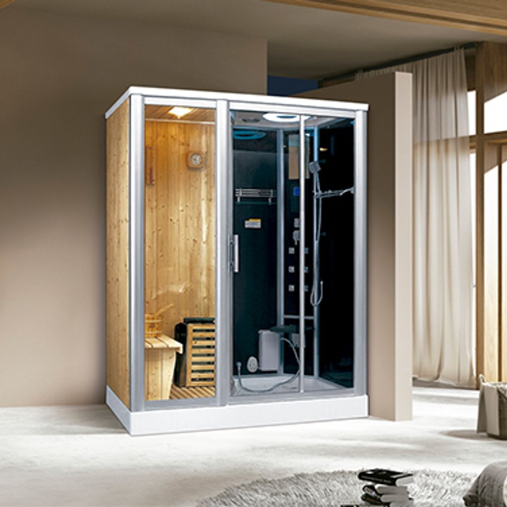 PureHaven Luxus 2in1 Finnische Sauna und Dampfdusche 170x100 cm für 2 Personen Tropenbrause Rücken- und Fußmassage LCD-Bildschirm Radio und Saun...