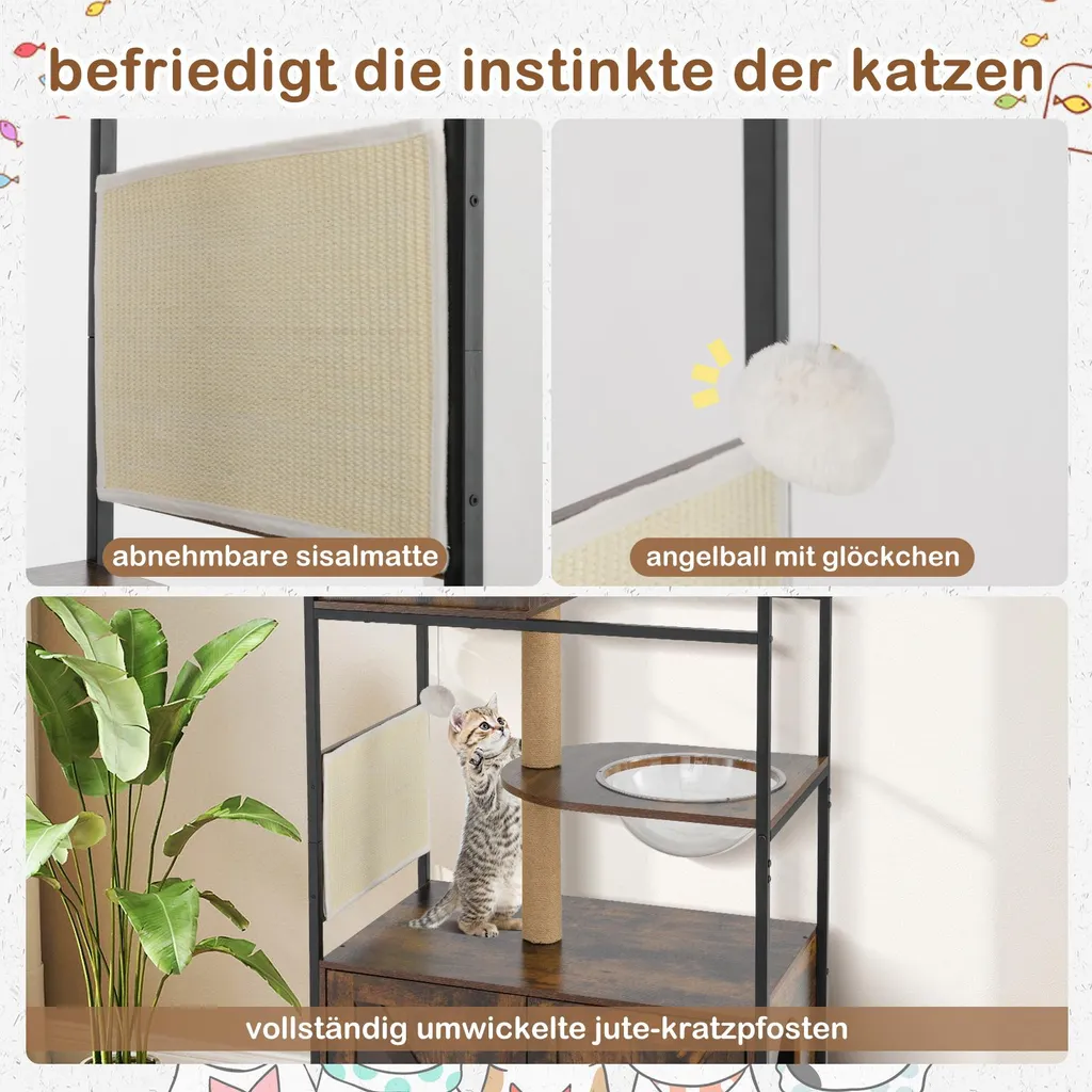 Arbre à chat capsule spatiale et meuble de litière en jute