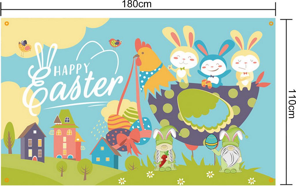 Frohe Ostern-Banner, lebendige Farben, klare Hasen-Ballons-Muster, Willkommensschild, Kinder, Studenten, Klassenzimmer-Dekoration