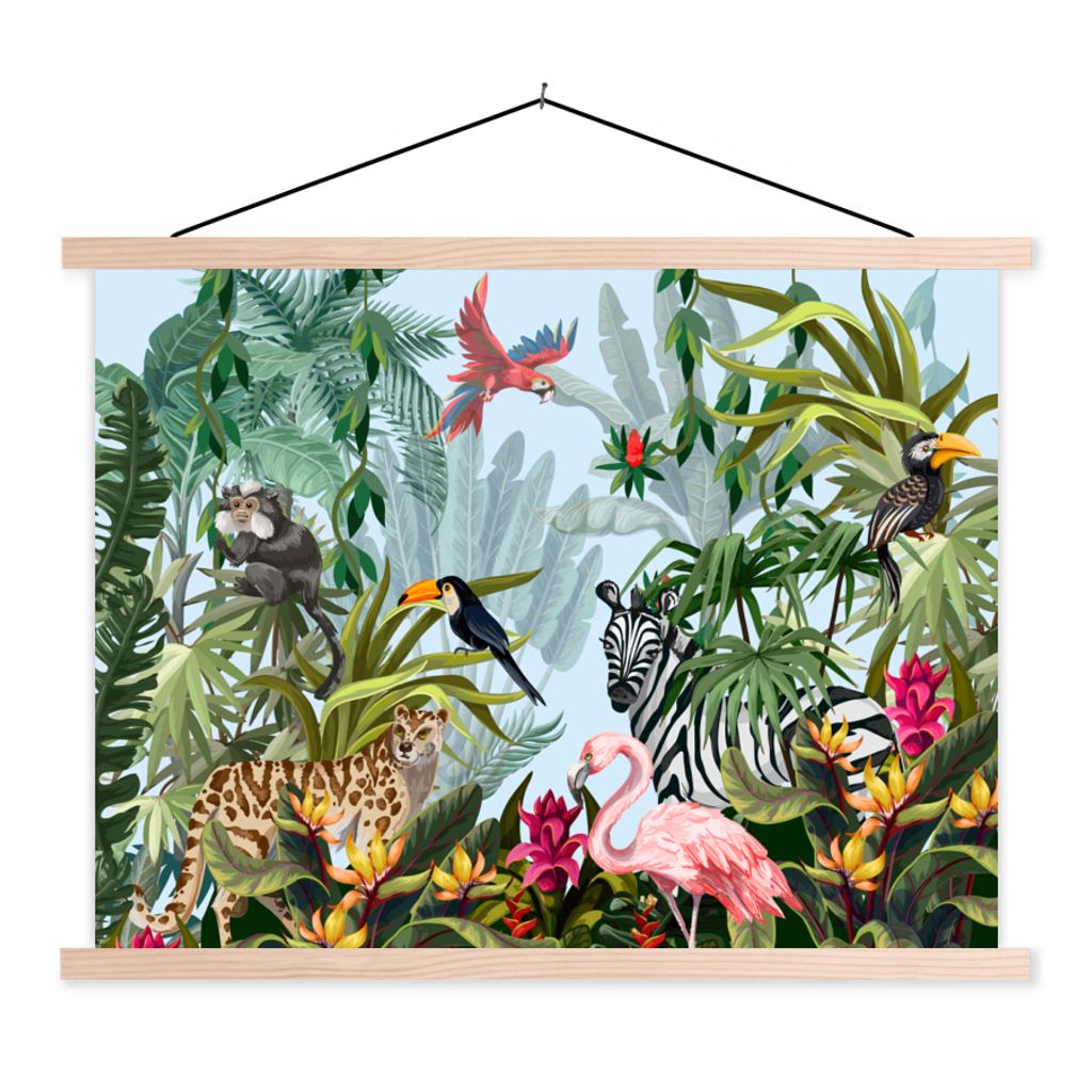 MuchoWow Textilposter Dschungel - Natur - Jungen - Mädchen - Kinder - Zebra - Flamingo 40x30 cm mit holzfarbenen Rahmen - Bilder