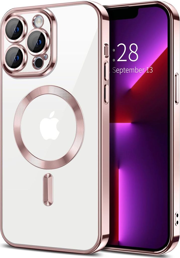 Magnetische Klar Hülle für iPhone 13 Pro Max, Kompatibel mit MagSafe, Elektroplattiert Handyhülle mit Kameraschutz Pink