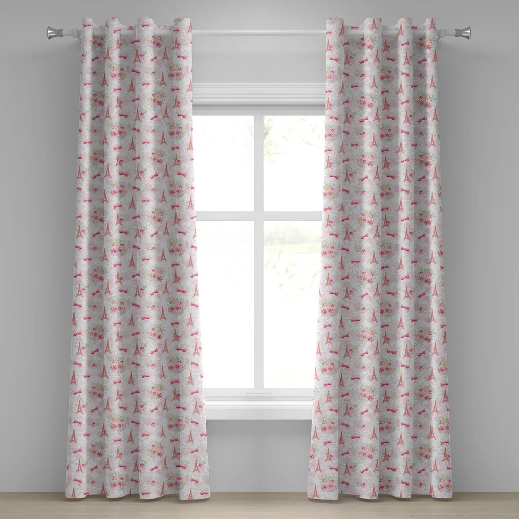 ABAKUHAUS Paris Tenda con occhielli, Torri Eiffel e bouquet francesi Archi con motivi romantici, Tende decorative a 2 pannelli, 280 cm x 225 cm, Verde chiaro Rosa pallido