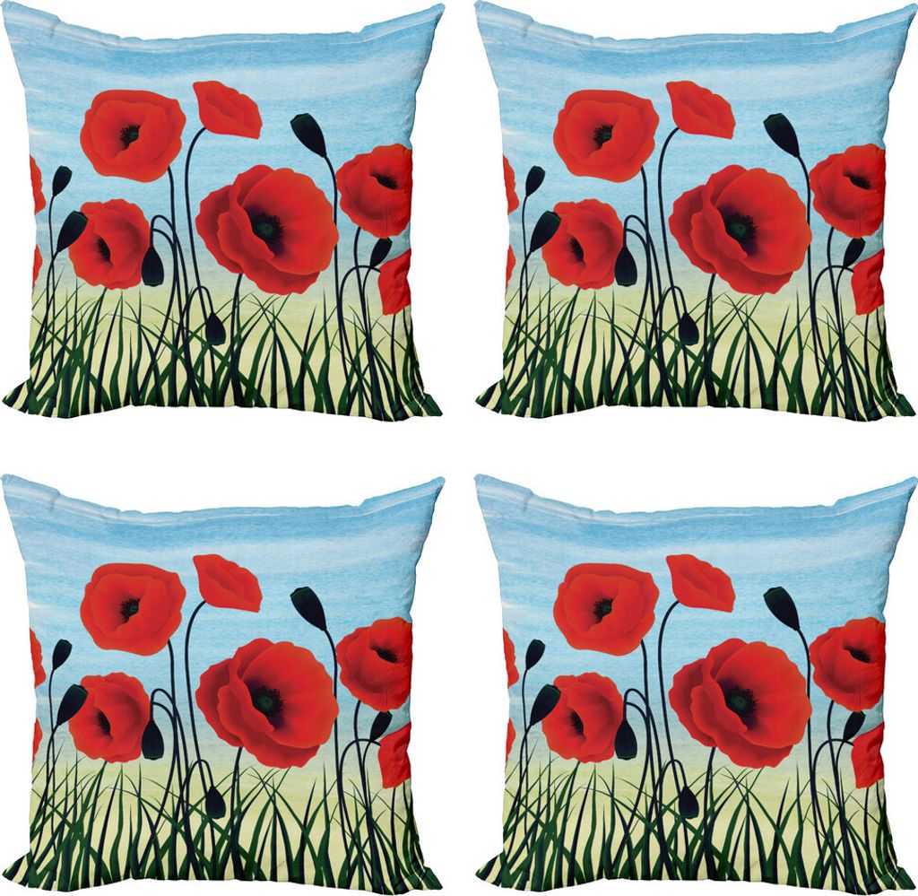 ABAKUHAUS Mohn Kissenbezug Set (4 Stück), Digitale gemalte Blume, Moderner Doppelseitiger Digitaldruck, 50 cm x 50 cm, Vermilion Koksgraue