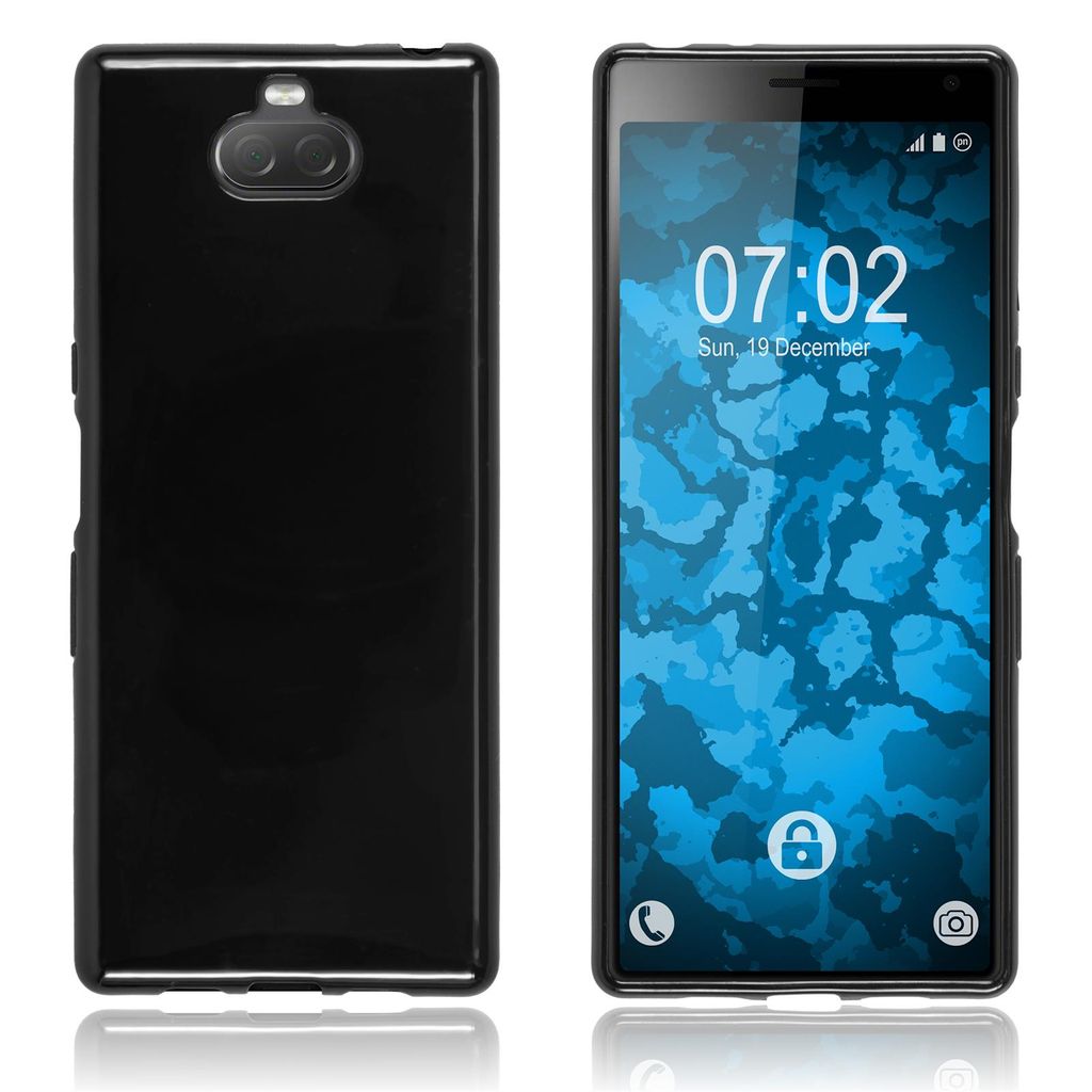 A black phone case shown from the front and back, with the front displaying a phone screen.