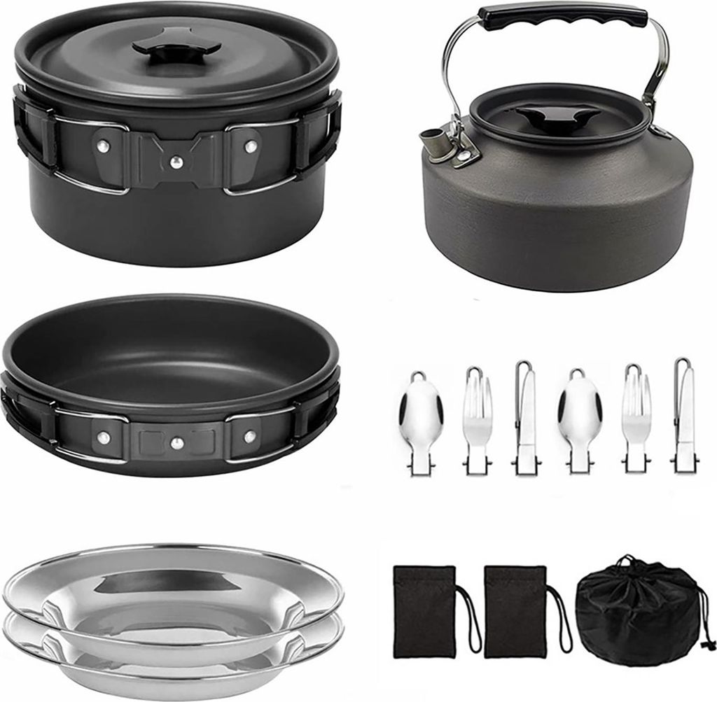 Camping-Kochgeschirr-Set, antihaftbeschichtet, leicht, Topf, Pfanne, Wasserkocher mit Edelstahlplatten und Utensilien zum Kochen im Freien, Wandern, P