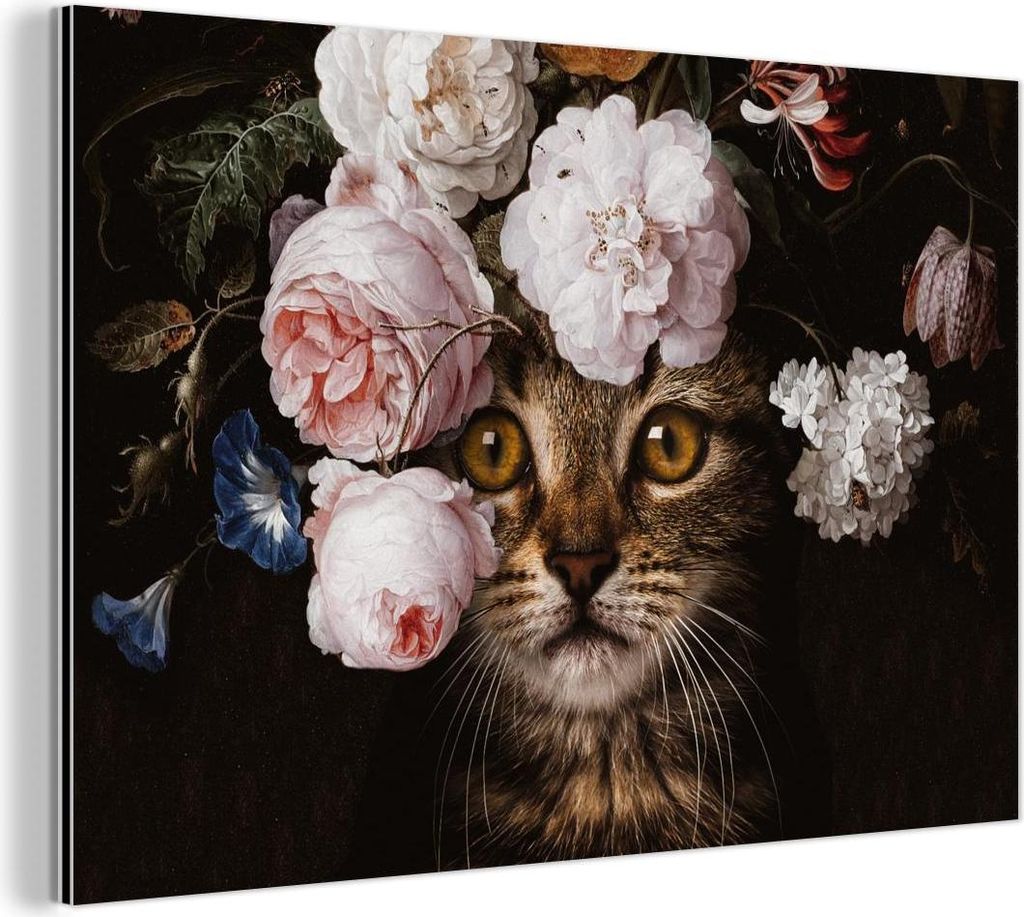 MuchoWow Wanddekoration Metall Metallbild Wandkunst 60x40 cm Katze - Blumen - Kunst MuchoWow Aluminium Gemälde - Gemälder