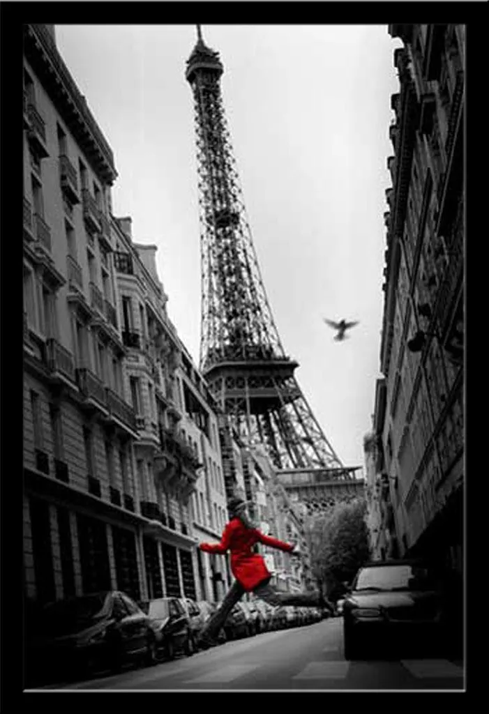 Tableau Encadré Paris Tour Eiffel Rouge Poster Shinsuke Noir et Blanc