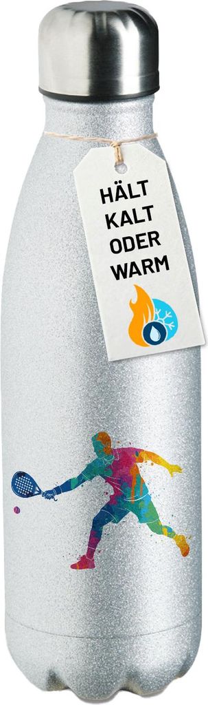 Huuraa Trinkflasche Padel Tennis bunte Silhouette 500ml Silver Edelstahl Wasserflasche Trinkflasche Geschenkidee