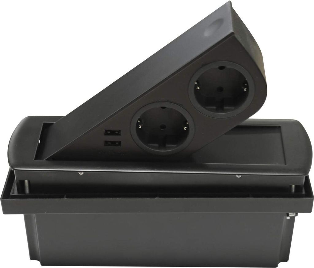 Einbausteckdose (2 x USB-Anschluß / 2 x Schukosteckdose) schwarz inkl. Stecker mit Push to open Steckdosenelement für Arbeitsplatten und Schreibt...