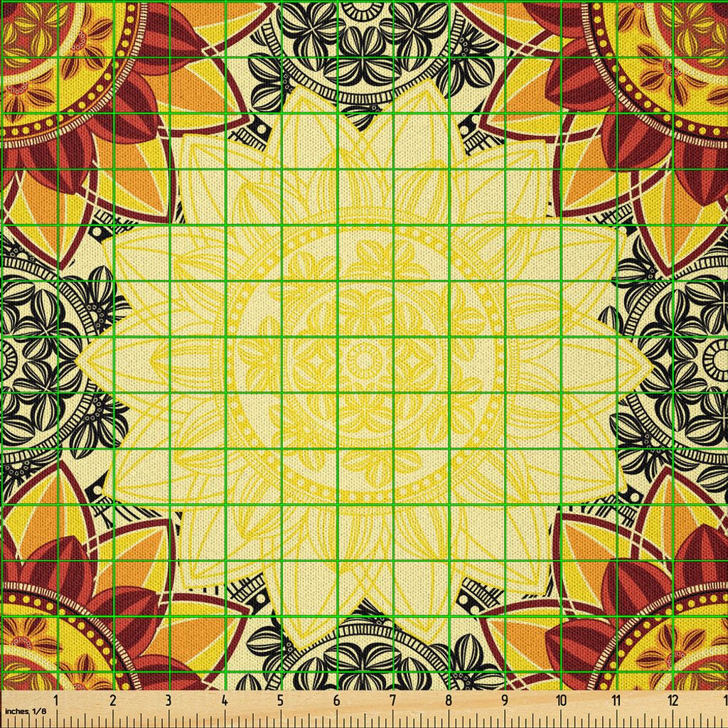 ABAKUHAUS Mandala Microfaser Stoff als Meterware , Vibrierende gelbe Mandala mit asiatischen Blumenrahmen Arabesque Petals Boho, 5 M (230 x 500 cm)...