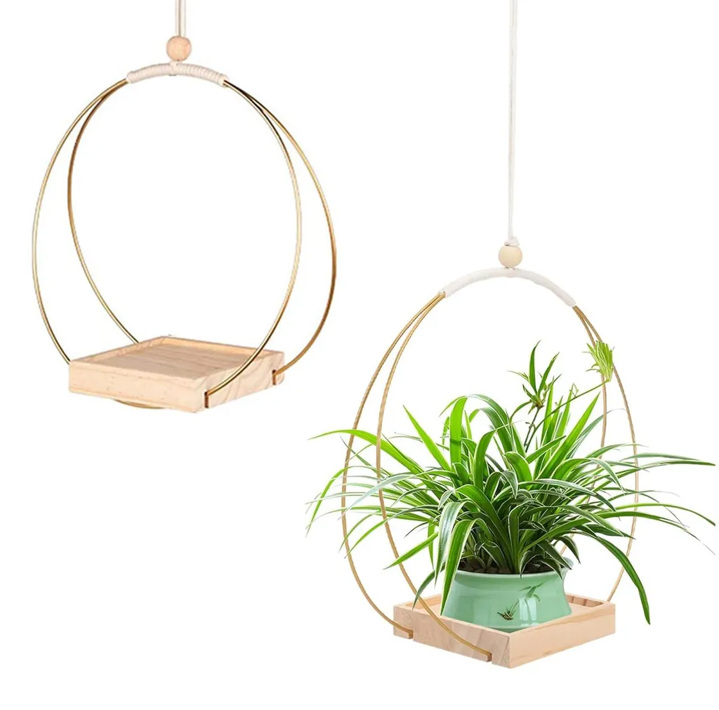 Lot de 2 pots suspendus dorés avec socle bois de 12,7 cm pour plantes