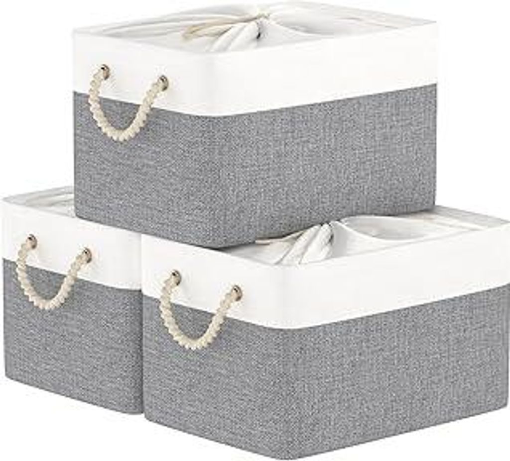Yawinhe 3 Stück Faltbare Aufbewahrungsboxen, Korb, Truhe, Stoffwürfel, Kleiderorganisator, mit Kordelzug und 2 Griffen, 33 x 23 x 20 cm, Weiß/Gr...