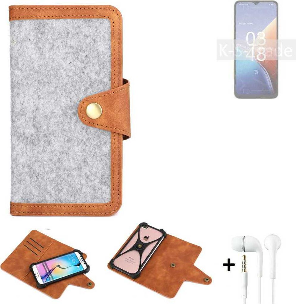 K-S-Trade Handyhülle + Kopfhörer kompatibel mit UMIDIGI F3 5G Schutzhülle Filz Hülle Kunstleder hellgrau braun (1x)