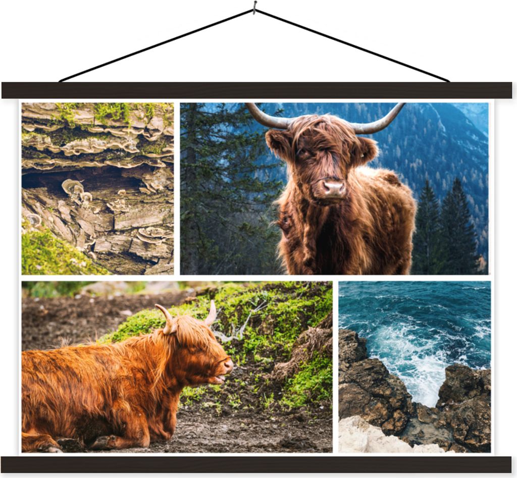 MuchoWow Textilposter Schottische Hochlandrind - Collage - Landschaft 150x113 cm mit schwarzem Rahmen - Wohnzimmer