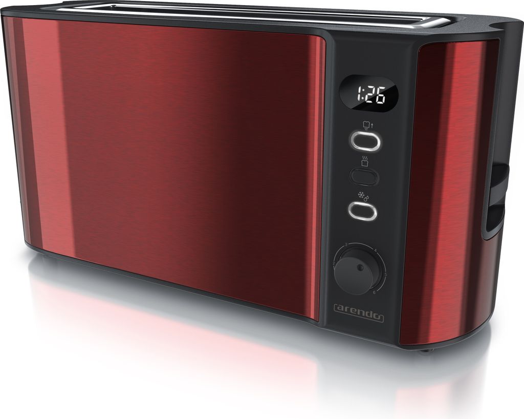 Arendo Toaster, 1 langer Schlitz, für 2 Scheiben, 1000 W, Langschlitz, Brötchenaufsatz, Wärmeisolierendes Gehäuse, Display, rot